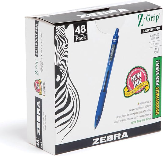 Zebra Pen Z-Grip Retractable Ballpoint Pen, Smooth-Flowing Blue Ink, 1.0mm Medium Point, School & Office Supplies, Ideal for Note-Taking, Journal and Planner Use, 48-Pack (22248)