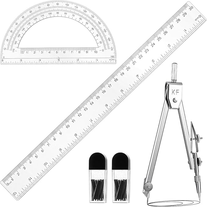3 Pcs Clear Protractor and Compasses 12 Inch Ruler Set, Geometry Math Transparent Measuring Tools, Transparent Drawing Measuring Rulers for Office Woodworking Art Drawing