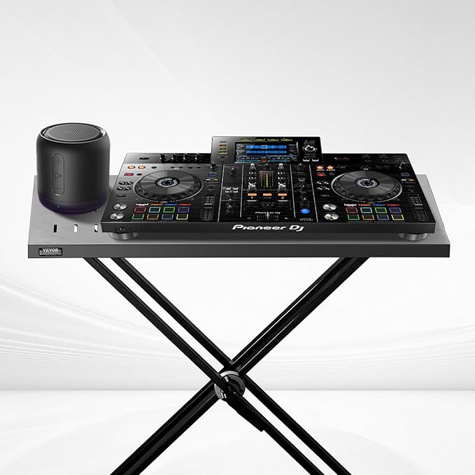 VEVOR DJ Table Stand, 32" x 20" Portable DJ Laptop and Controller Stand, Lightweight DJ Desk DJ Booth Adjustable Height DJ Stand, Foldable Double-X Braced Keyboard Stand & Tabletop, Audio Mixer Stand