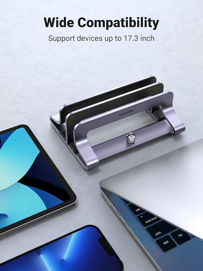 UGREEN 2-Slot Vertical Laptop Stand Holder Desk Compatible with MacBook Pro Air Laptop Stand Desktop Adjustable, Lenovo Ideapad, Surface Book, HP Notebook, Dell Chromebook Up to 17.3 Inch, Space Gray
