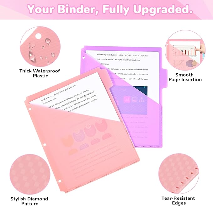 SUIN 5-Tab Binder Dividers with Pockets - Heavy Duty Plastic Dividers for 3 Ring Binder, Letter Size Poly Page Separators with Tabs & Label Stickers, Diamond Texture, 5 Pastel Colors, 2-Pack