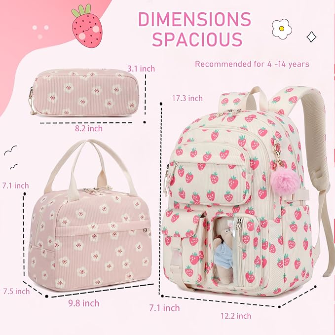Corduroy Flower Backpack for Girls Teens School Bookbag with Lunch Box Pencil Case Laptop Sleeve Elementary Middle School Bag, Sakura-Pink