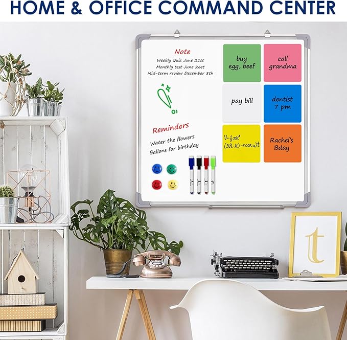 Whiteboard Set - Dry Erase Board 24 x 24 in with 1 Magnetic Eraser, 4 Dry Wipe Markers, 4 Magnets and 6 Magnetic Labels - Wall Hanging Reminder Kanban White Board for Home and Office (24x24 inch)
