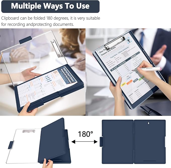 SFLHHDM Clipboard with Storage,Heavy Duty Clip Boards 8.5x11 with 2 Storage Case,Clear Visible Panel Storage Clipboards,Side Opening Nursing Clipboard Folder for Office Supplies-Grey Blue
