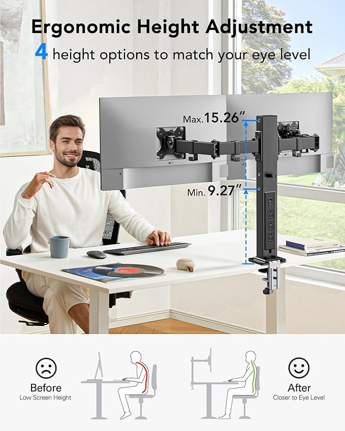 HUANUO Dual Monitor Stand with Power Outlet, Full Motion Double Monitor Stand with Adjustable Height, Supports 13″-32″ Displays up to 22 lbs, USB Ports and Stronger Pole, Desk Clamp and Grommet Mount