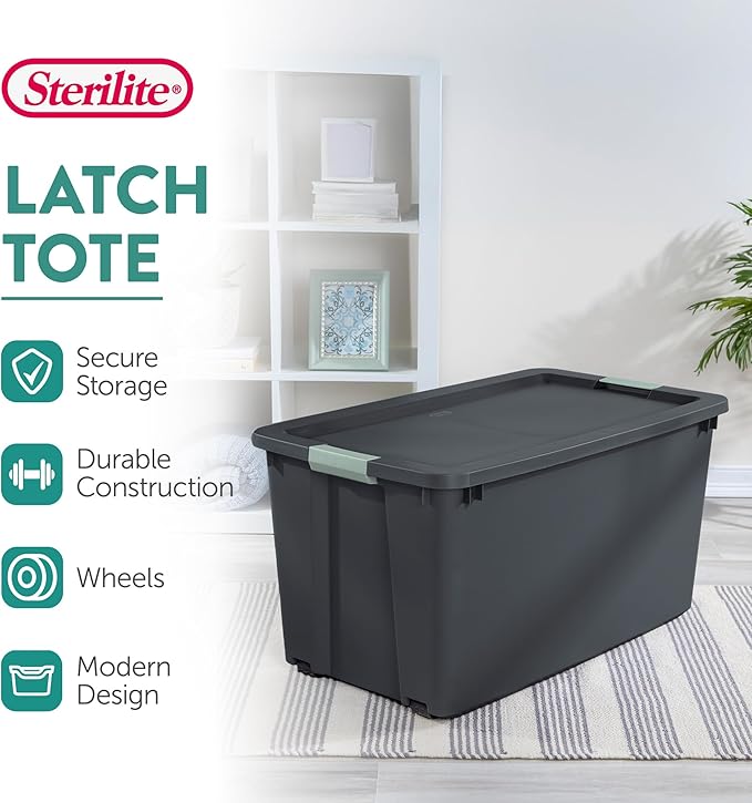 Sterilite 4 Pack 45 Gallon Wheeled Latch Tote, Stackable Plastic Storage Bin, Gray/Green