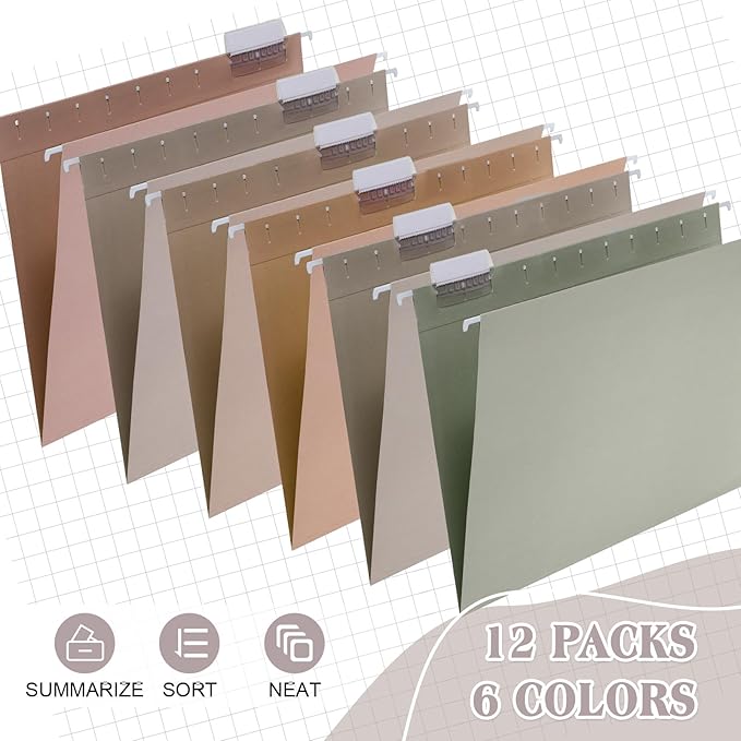 12 Pack Decorative Hanging File Folders, Letter Size with Tab, 6 Color Assorted for Filing Cabinet Office Supplies(Natural Color)