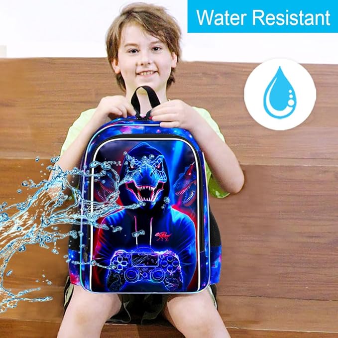 gxtvo 3PCS Kids Dinosaur Game Bookbag, 17" Boys Dino Backpack with Lunch Box, Water Resistant Middle Elementary School Bag - Dinosaur Game