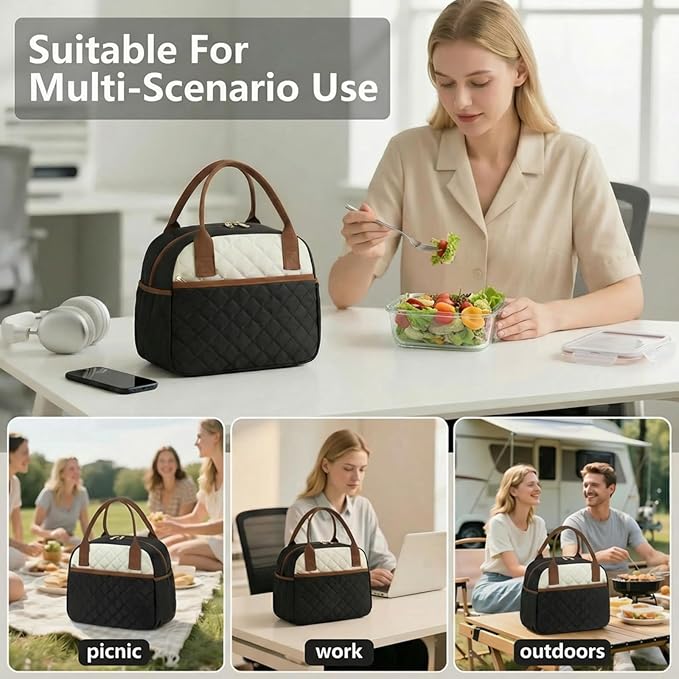 CAMTOP Lunch Box for Women Men Insulated Lunch Bag Lunch Tote Bag Leakproof Thermal Cooler Large Capacity for Travel Work School Picnic (Black White Brown)