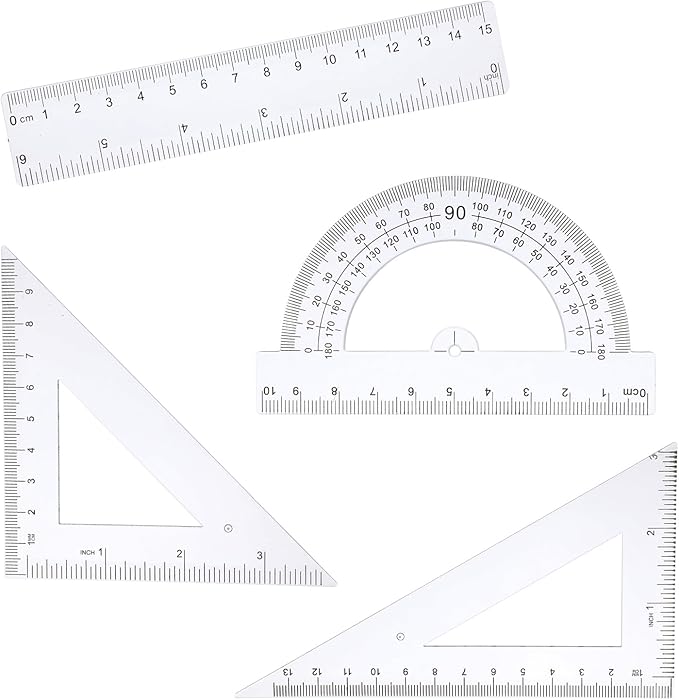4 PCS Plastic Ruler Math Geometry Set, Transparent Measuring Tool Kit Includes Protractor Straight Ruler Triangle Rulers for School Office Home Teachers Students Supplies