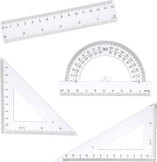 4 PCS Plastic Ruler Math Geometry Set, Transparent Measuring Tool Kit Includes Protractor Straight Ruler Triangle Rulers for School Office Home Teachers Students Supplies