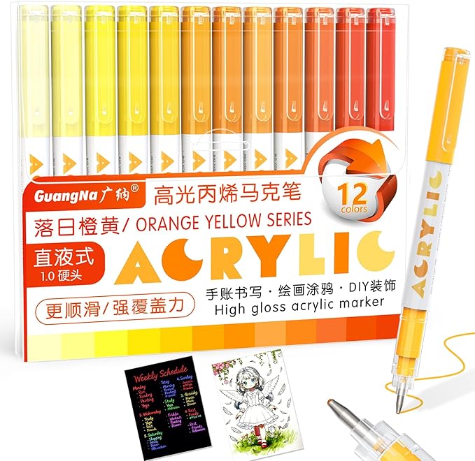 Redfun Acrylic Gel Pens, 12 Pcs Orange Liquid Ink Highlighter Markers, 1mm Fine Tip Acrylic Paint Markers for Coloring Books, Drawing, Journaling, Scrapbooking Christmas Stocking Stuffers