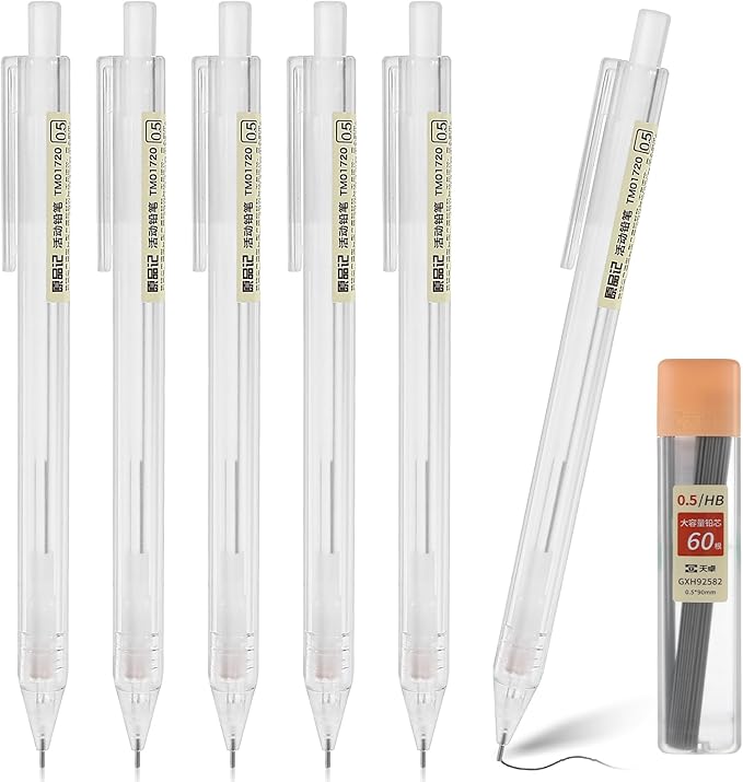 TIESOME 6PCS Novelty Mechanical Pencil Set, 0.5mm Transparent Pen Shell Pencils with 60pcs Lead Refill, Suitable for Drafting, Sketching, Art Class, Writing, and More