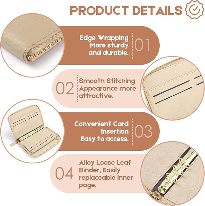 SEEKIND A6 Budget Binder, Money Saving Binder with Zipper Envelopes, PU Leather Wallet Budget Planner,Cash Envelopes and Expense Budget Sheets for Budgeting (Apricot)