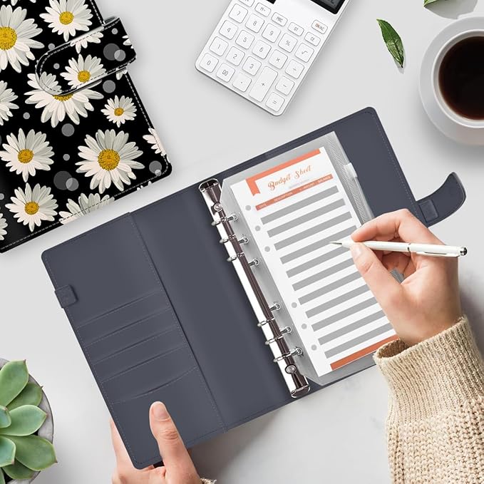 Budget Binder, Cute A6 Money Saving Binder with Zipper Envelopes, PU Leather Money Organizer for Cash, Expense Budget Sheets and Cash Envelopes for Budgeting White Daisy