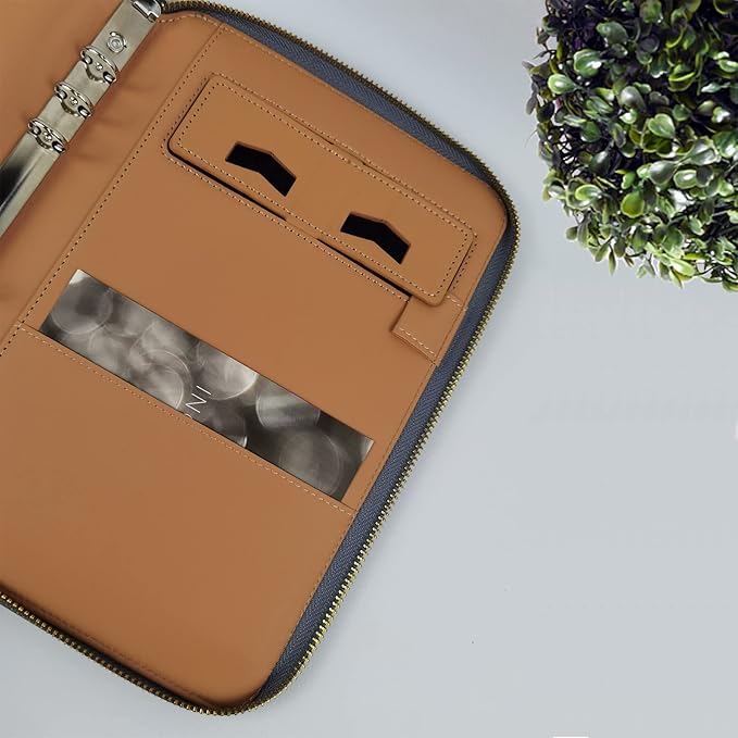 A5 Binder Case PU Leather Portfolio Budget Binder Refillable Notebook Planner Cover with Zipper 6 Rings Money Document Organizer for Business Interview (Greyblue)