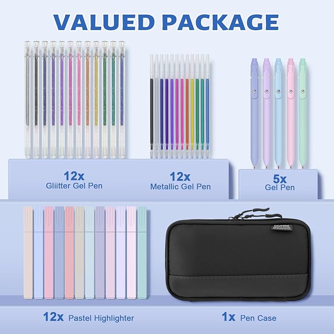 42 Pack Gel Pens for Coloring Books, 5 Gel Pens 0.5mm Black Ink, 12 Vibrant Sparkle Metallic Glitter Pens with 12 extra refills for enduring use, 12 Pastel Highlighters for Man Woman(Black)