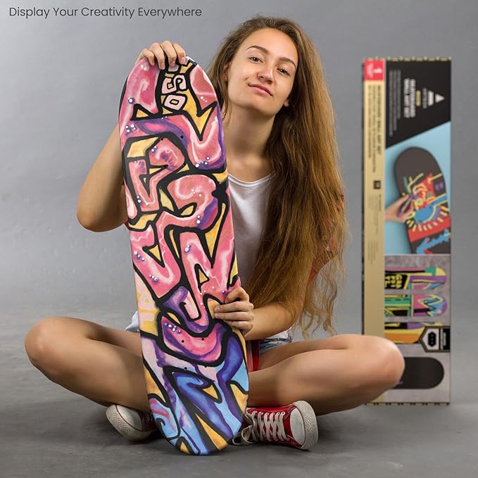 ARTEZA Customizable Skateboard Deck Art Kit – 31"x8" Matte Coated Maple Deck with Display Mount, Chrome Marker, White Pencil, Oil-Based Paint Markers & More