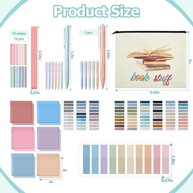 Book Annotation Kit, Aesthetic Bible Study Journaling Kit, 2640 Pcs Sticky Tabs, 300 Sticky Notes, 11 Gel Ink Pen, 12 Highlighter Marker, Pencil Case Pouch for Book Lover(Square)