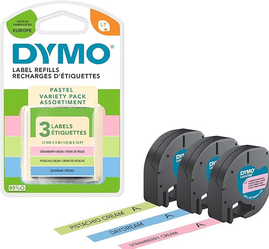 DYMO Original LetraTag Pastel Labels | Plastic | 12mm x 4m | Pistachio Green, Light Blue & Pink | Self-Adhesive Label Tape | for LetraTag Labelling Machine | 3 Label Cartridges