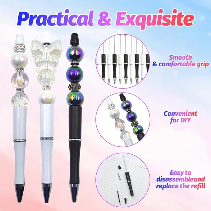 150 Pieces DIY Beadable Pen Kit – 50 Plastic Ballpoint Pens with Refills & Bags – School Supplies, Office Accessories & Decorative Items for Students & Teachers (Black and White)