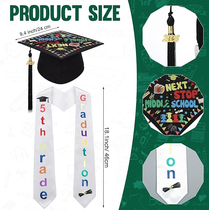 2 Pcs 5th 8th Grade Graduation Cap and Stole, Class of 2026 Graduation Sash Cap Stole Kindergarten Grad Gifts