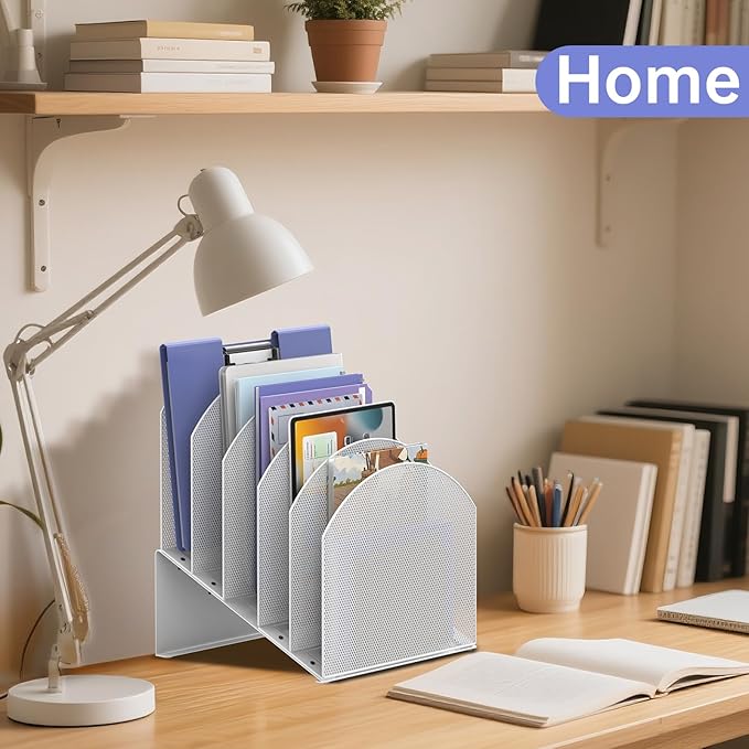 5-Section Desk File Organizer, Vertical File Organizer for Desk, Mesh Mail Holder for Letter Size Folders, White