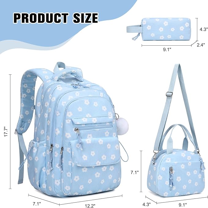 Bevalsa Backpack for Gilrs, 3PCS Corduroy Kids Backpack Set with Lunch Box & Pencil Pouch, Bookbag Daypack Laptop Bag for Women Teens Elementary Middle High School