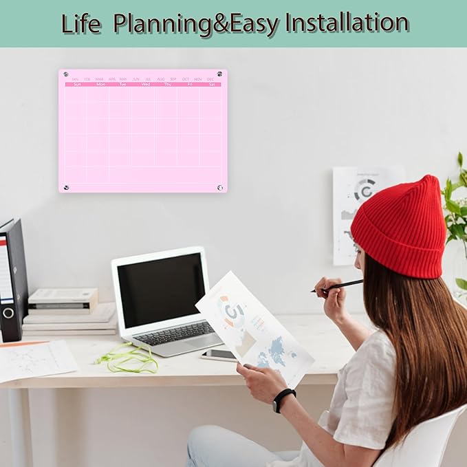 Acrylic Calendar Dry Erase Board for Wall,15.7''x11.8'',Pink Monthly Calendar Whiteboard for Home,Office, School