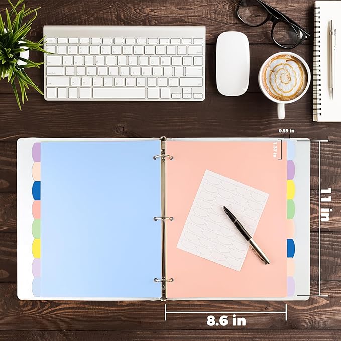 HABGP 24Pcs/3 Set 3 Ring Binder Dividers with Tabs, 8 Color Tab Divders for 3 Ring Binder, Plastic Pastel Page Folder Dividers Sheet Protectors, Three Ring Binder Index Dividers for Notebook