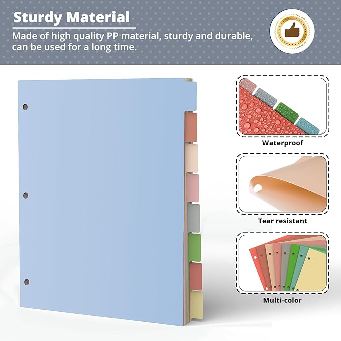 3 Ring Binder Dividers with Tabs, 24Pcs/3 Set Durable Plastic File Dividers, 8 Tab 3 Hole Punch Dividers, Letter Size, 3 Sets for School Office Document (Morandi Color)
