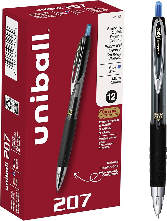 uniball 207 Retractable Gel Pens, Micro Point (0.5mm), Blue, 12 Pack