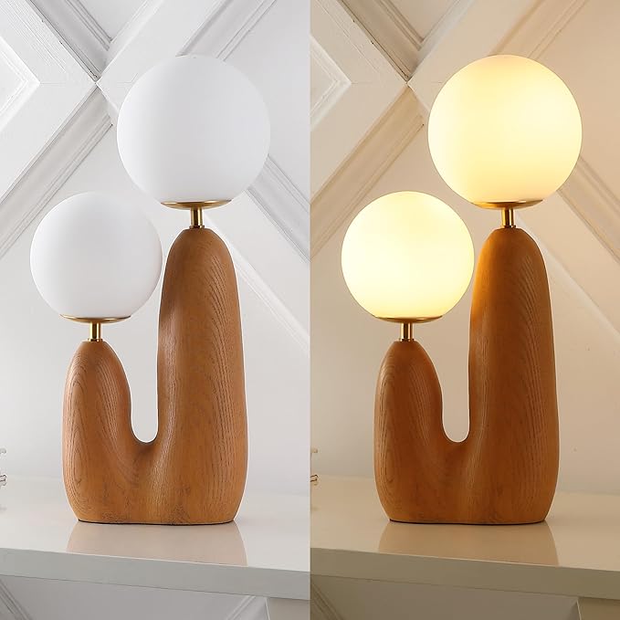 JONATHAN Y 17.75" Brown Wood Finish/Brass Gold Modern Bohemian Danish Cactus LED Table Lamp, 2-Light Mid-Century Minimalist Desk Light for Bedroom Living Room, Frosted Glass Globe Shades JYL4065A