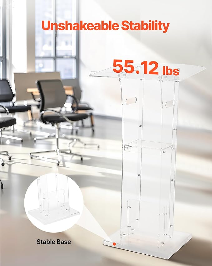 VEVOR Podium Stand, 43-Inch Acrylic Lectern, Portable Laptop Desk with Wide Reading Surface and Storage Shelf, Book Stopper, Floor-Standing, for Classroom, Wedding, Conference, Lecture and Concert