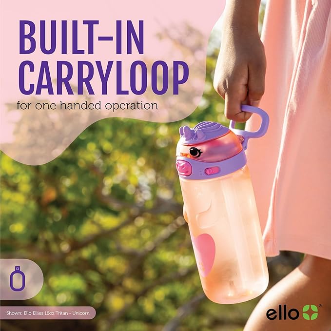 Ello Ellies 16oz Plastic Kids Water Bottle with Straw and Built-in Carrying Handle and Leak-Proof Locking Lid for School backpack, Lunchbox and Outdoor Sports, Pig