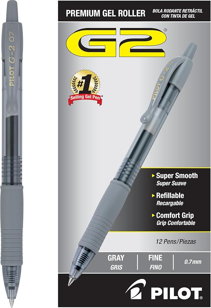 Pilot, G2 Premium Gel Roller Pens, Fine Point 0.7 mm, Gray, Pack of 12