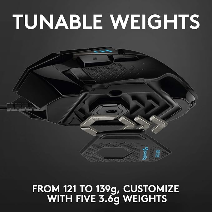 Logitech G502 Hero High Performance Wired Gaming Mouse, Hero 25K Sensor, 25,600 DPI, RGB, Adjustable Weights, 11 Programmable Buttons, On-Board Memory, PC/Mac - Black