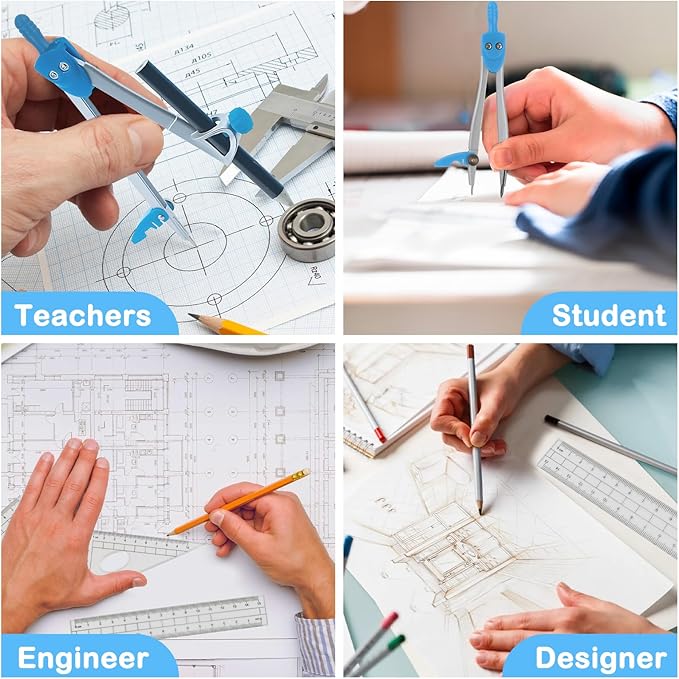Geometry Set 10 Pcs Student Supplies with Storage Box, Includes 3 PCS Rulers, 2 Types Compasses, Protractor, Pencil, Pencil Sharpener, Eraser and Pencil Lead for Drafting and Drawings