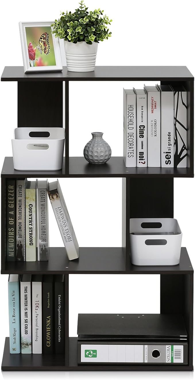 Furinno SIMPLY Book Shelf, 3-Tier Geometric Bookshelf, S-Shape Bookcase with Open Shelf, 11.8" x 23.6" x 37.3", for Organization and Storage, for Living Reoom, Bedroom, Home Office, Espresso