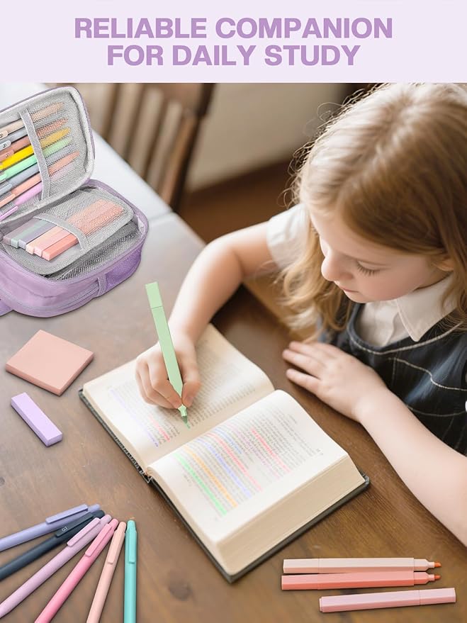 51 PCS Aesthetic School Supplies with Cute Pencil Case, 12 Pastel Highlighters, 8 Quick Dry Retractable Black Ink Pens, 6 Pastel Mechanical Pencil Student Stationary Bible Study Supplies(Purple)