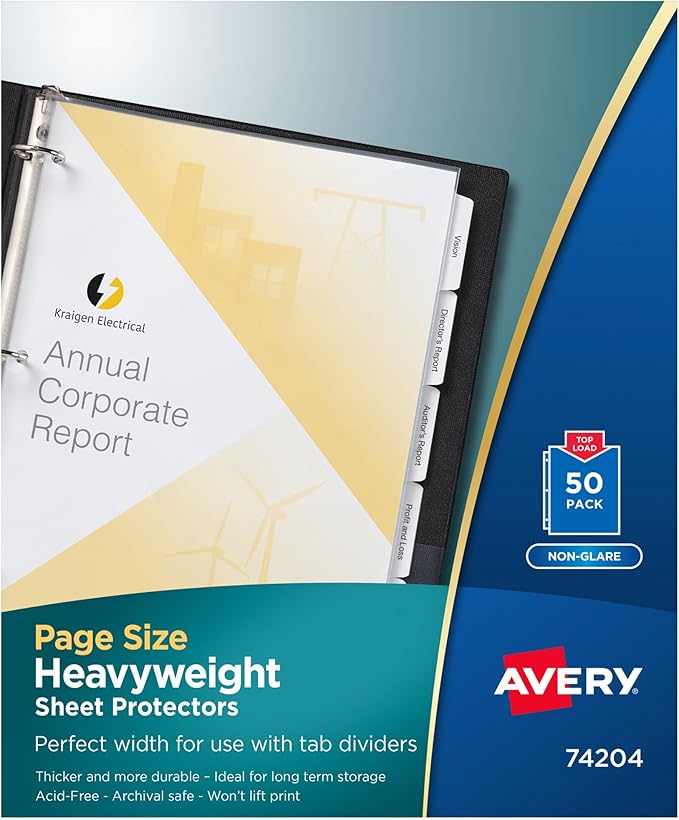 Avery Non-Glare Page-Size Sheet Protectors, Pre-Punched for Use with Tab Dividers, Top Load, 50 Document Protectors (74204)