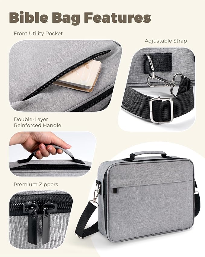 WEMATE Large Capacity Bible Cover Case, Waterproof Study Supplies Tote Bag with Double-Layer Handle & Shoulder Strap, Bag for Women and Christian (Grey)