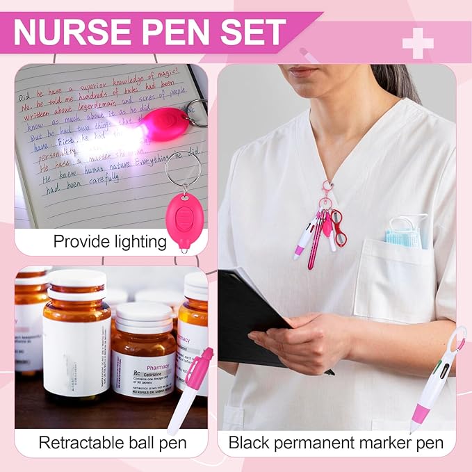 6 Pcs Nurse Pens for Badge Set,Nurse Badge Accessories with Reel Pen,Nursing Accessories Healthcare with Pens,Highlighter and Permanent Marker Pen and Led Keychain Foldable Scissors(Pink)