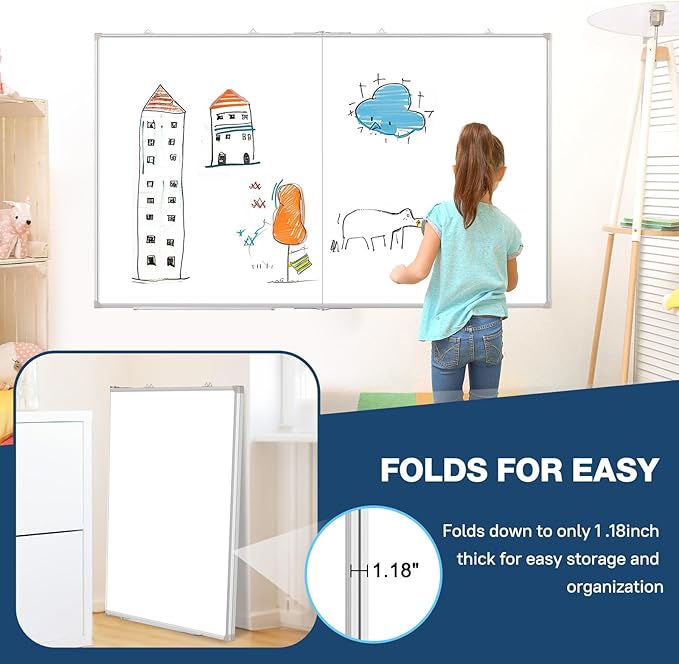WALGLASS Large White Board Dry Erase Board, 60" x 36" Double-Sided Foldable Dry Erase Board for Wall, Magnetic Whiteboard for Office, Home, School, Kitchen