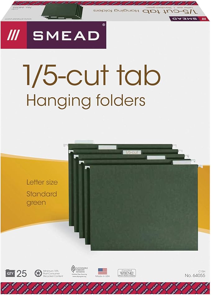 Smead Hanging File Folder with Tab, 1/5-Cut Adjustable Tab, Letter Size, Standard Green (64055), (Pack of 10, 250 Count Total)