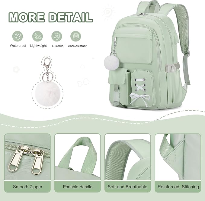 Backpacks for Girls, Girls Backpack with Lunch Box & Pencil Pouch for Teens Girl Kids Elementary Middle High School College Student Bookbag Daypack Laptop Travel Backpack for Women (Green)