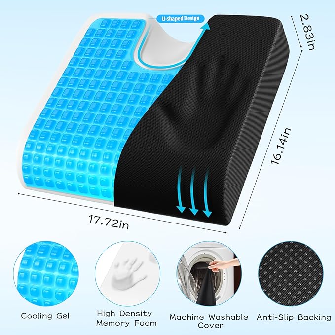 TranquilMoments Seat Cushion, Gel Wheelchair Seat Cushion，Ergonomic Chair Cushions for Office Chairs & Car, Relieve Sciatica, Back and Tailbone Pain, Removable Cover & Non - Slip Bottom, Black