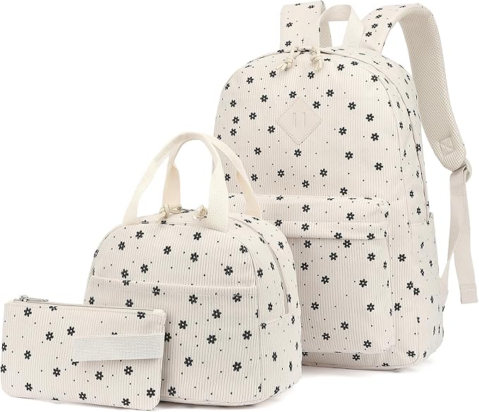 Corduroy Girls Backpack Set, 3PCS School Backpacks for Kids Elementary Middle School Bags with Lunch Box Pencil Case (Beige Corduroy Flowers)