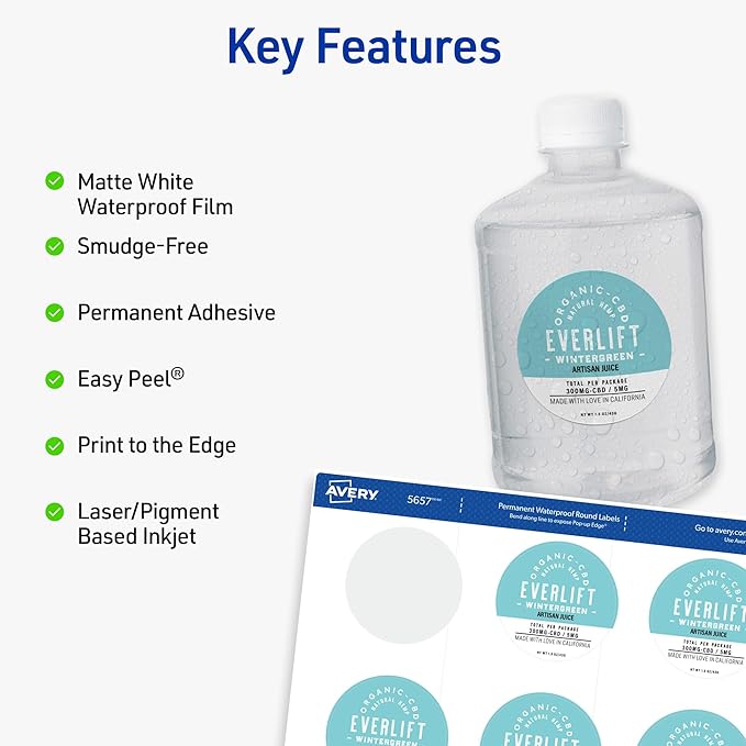Avery Durable Waterproof Labels, Sure Feed Technology, 2" Diameter, Matte White, Laser/Pigment-Inkjet Printable, 96 Blank Labels, Great for Food Containers, Product Merchandising, and More (5657)