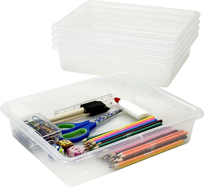 Storex Letter Size Flat Storage Tray – Organizer Bin for Classroom, Office and Home, Clear, 5-Pack (62531U05C)